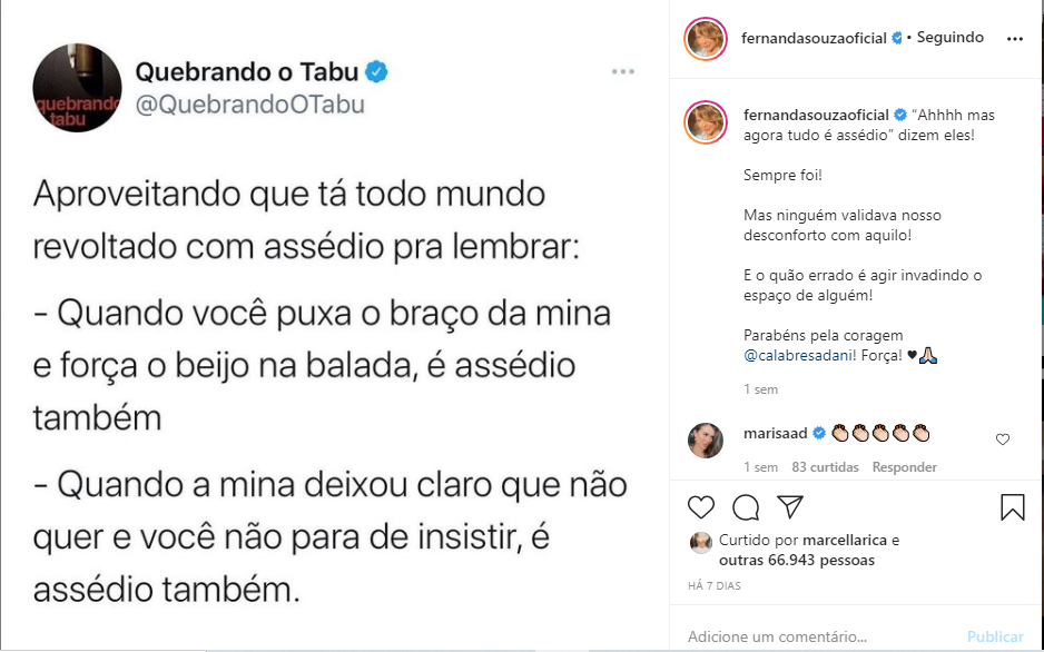 Fernanda Souza expõe revolta em caso de Dani Calabresa que foi assediada na Globo (Foto: Reprodução)