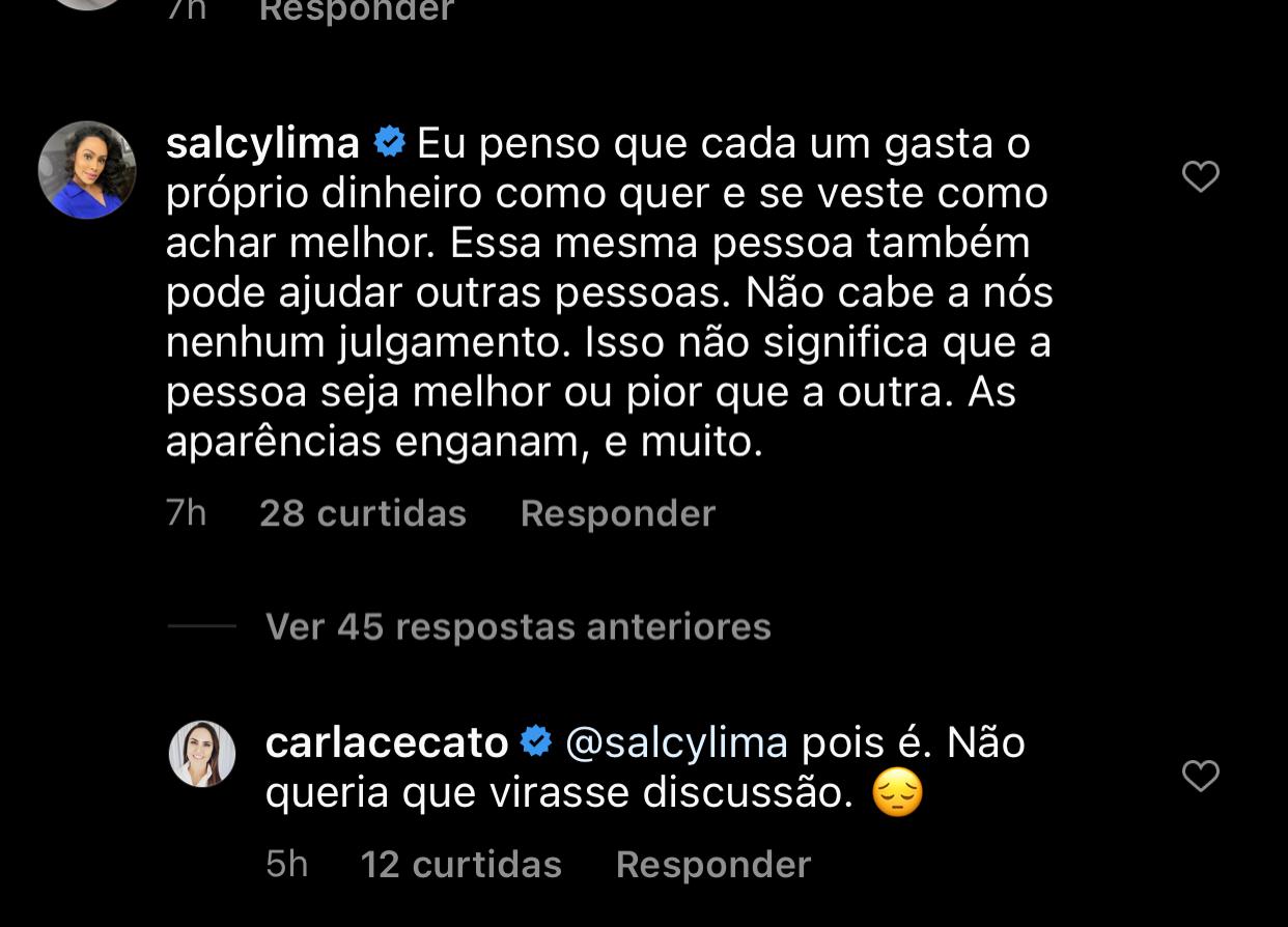 Carla Cecato e  Salcy Lima debatem nas redes sociais (Reprodução)