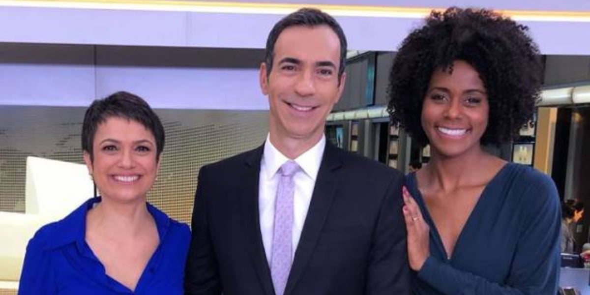Sandra Annenberg, Cesar Tralli e Maju Coutinho nos bastidores do "Jornal Hoje" (Foto: Reprodução/TV Globo)