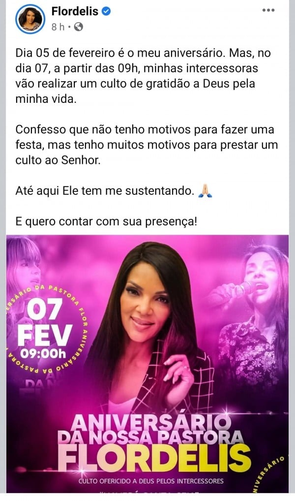 Publicação faz convite para culto de gratidão para Flordelis (Foto: Reprodução)