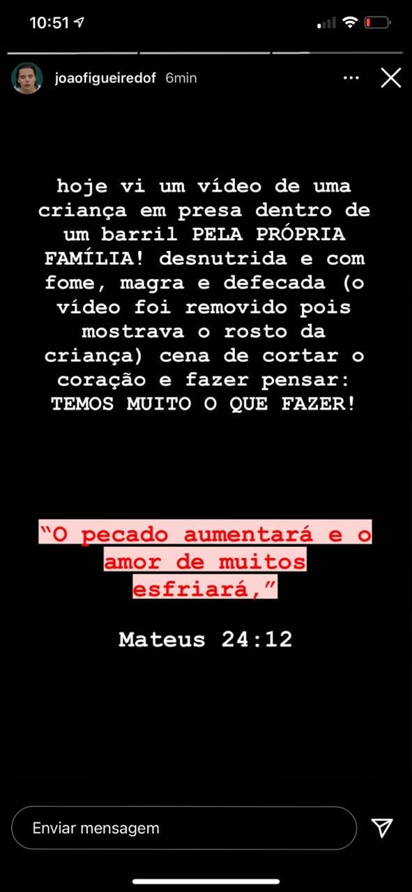João Figueiredo, namorado de Sasha, demonstra indignação em post (Reprodução)