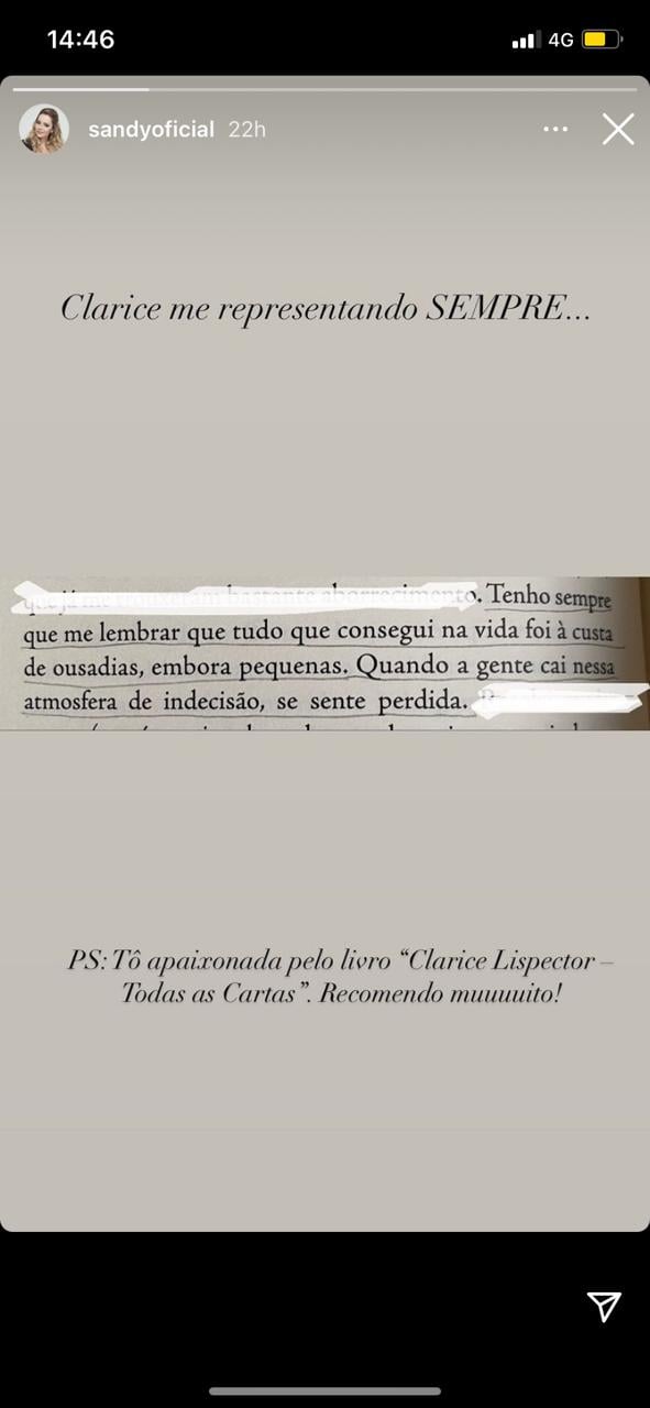 Sandy compartilha texto de escritora (Reprodução) 