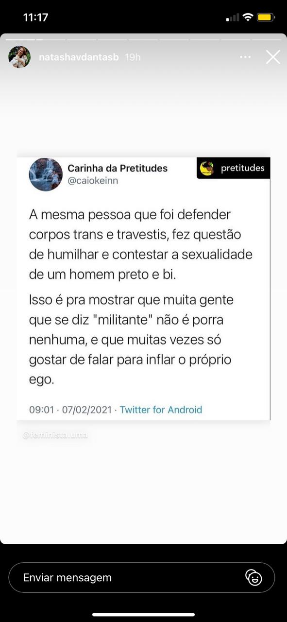Natasha Dantas, esposa de William Bonner, demonstra apoio ao Lucas Penteado, ex-BBB21 (Reprodução) 