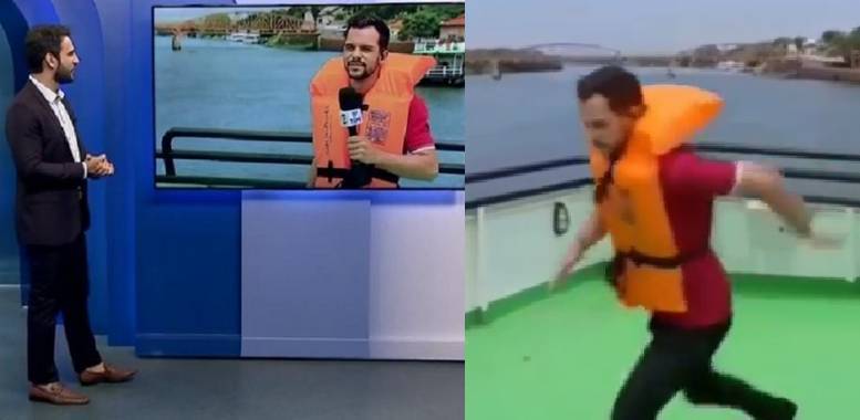 Repórter da Globo, Romeu Neto, ameaçou se jogar em rio no jornal (Foto: Reprodução / TV TEM)