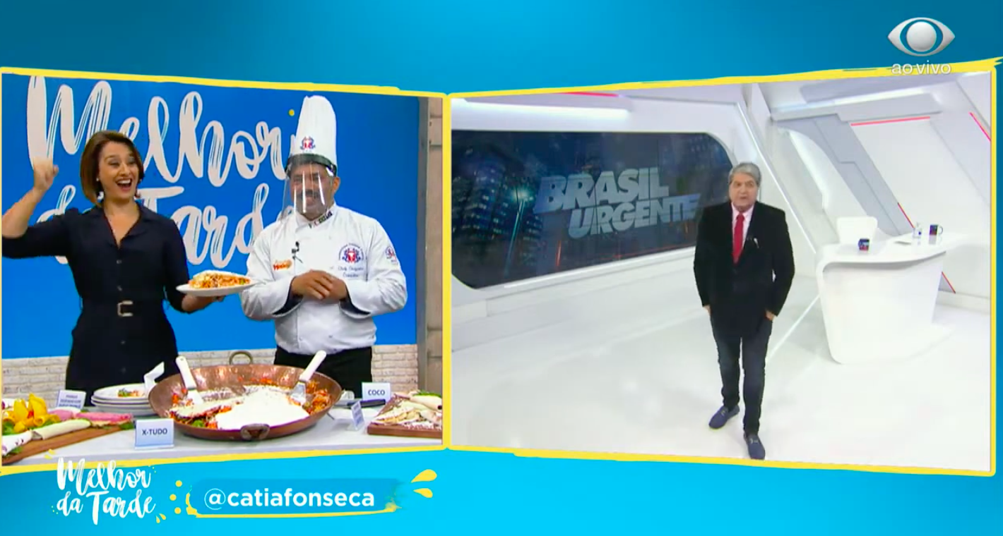 Catia Fonseca e Datena brincam durante janela entre programas da Band na última sexta-feira, 5 (Reprodução) 