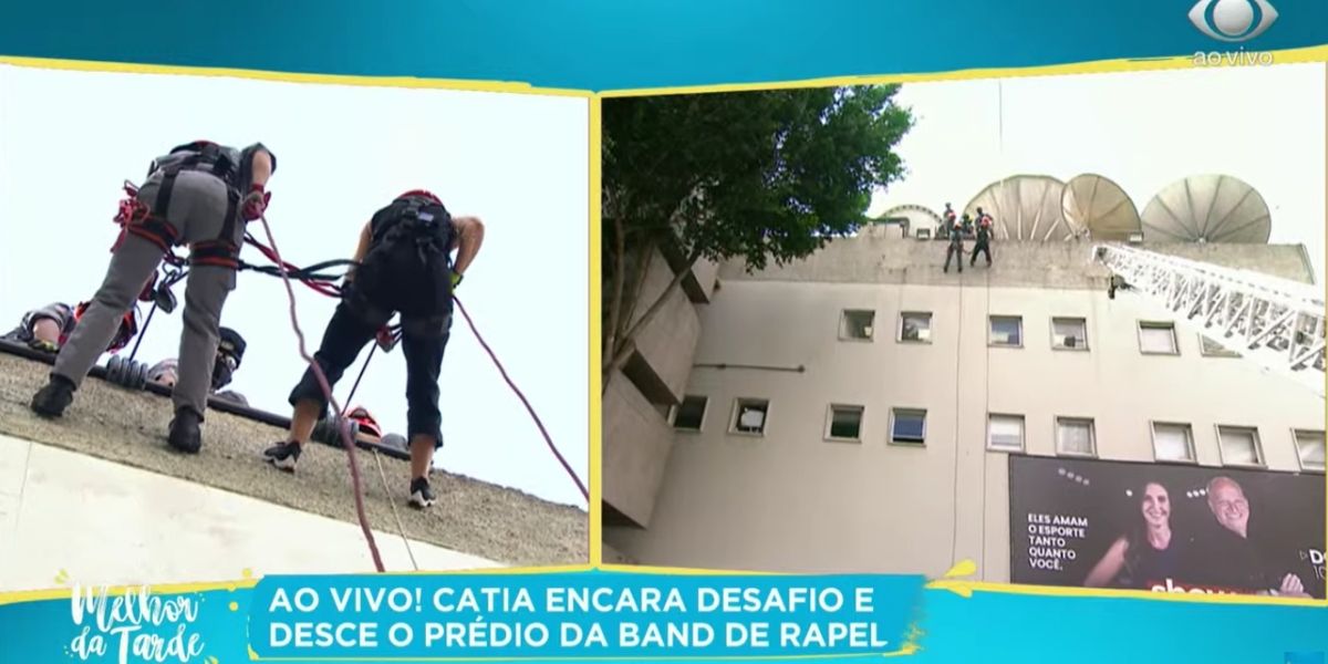 Catia Fonseca escalando prédio da Band, no Melhor da Tarde (Foto: Reprodução / Band)