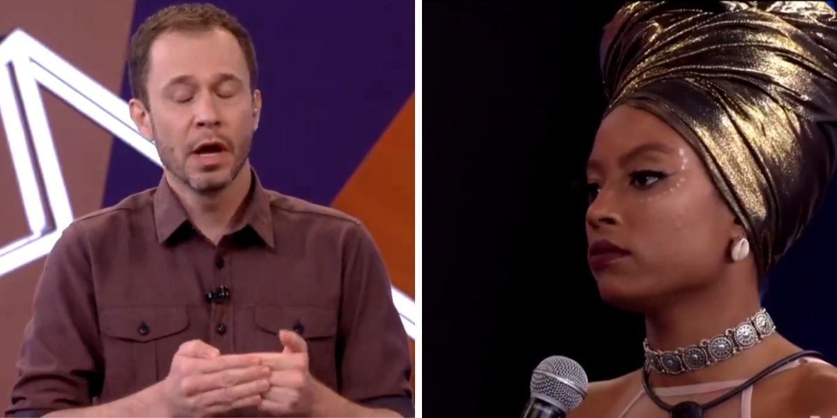 Lumena e Tiago Leifert, após eliminação no BBB21 (Foto: Reprodução / Globo)