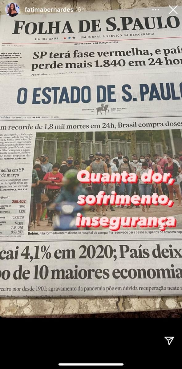 Fátima Bernardes lamentou a situação do país via Instagram (Foto: Reprodução)