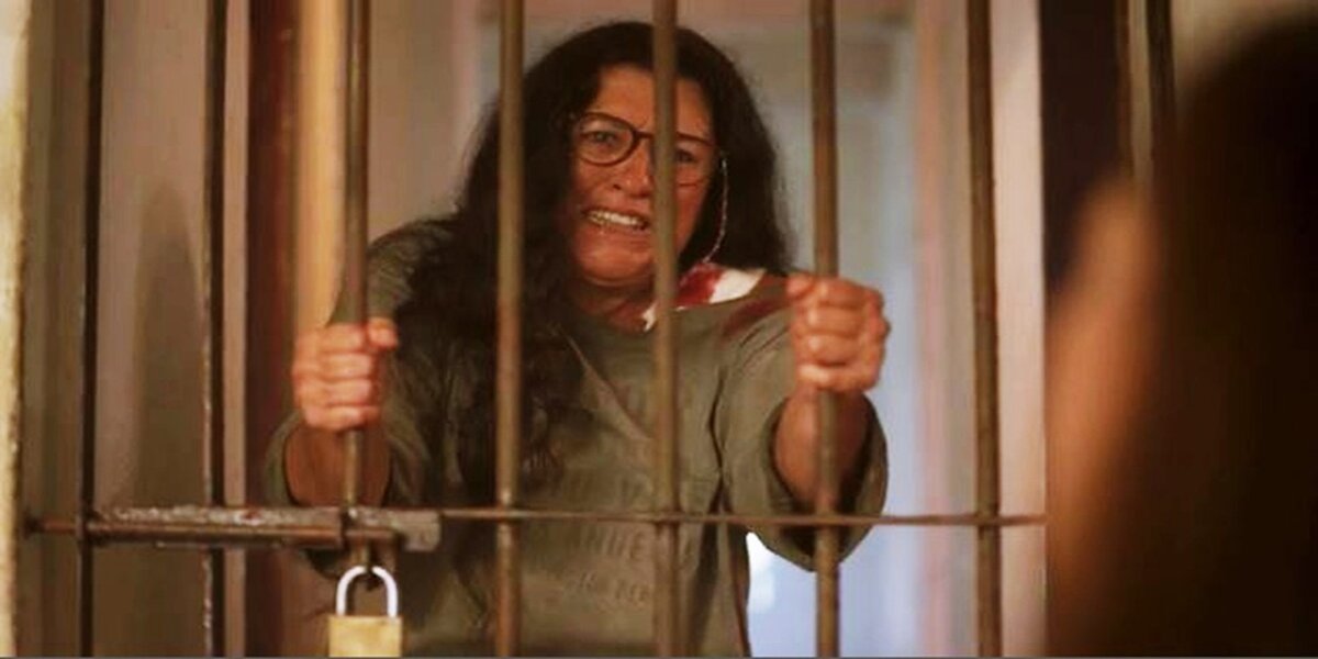 Lurdes (Regina Casé) é presa em jaula na novela Amor de Mãe