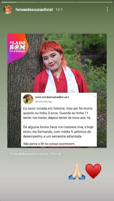 Fernanda Souza compartilhou história de superação de uma mulher (Foto: Reprodução)