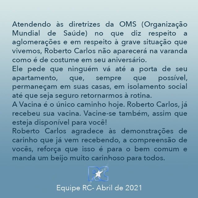 Roberto Carlos manda recado ao público (Reprodução) Roberto Carlos manda recado ao público (Reprodução)