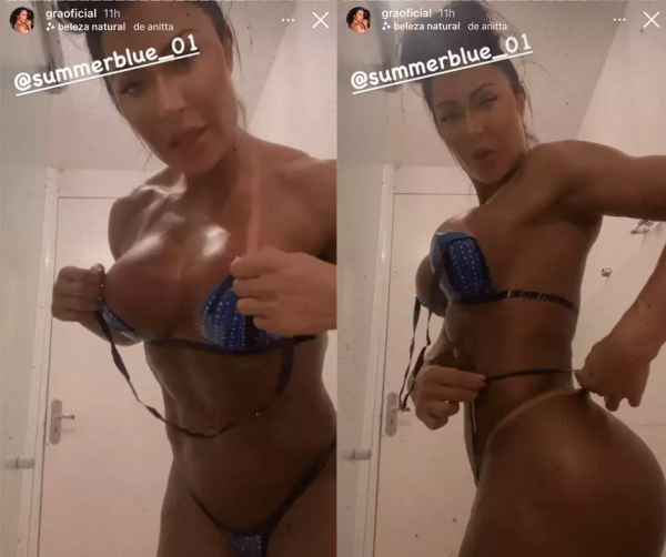 Gracyanne Barbosa exibindo o seu corpo todo malhado e bronzeado após um bronzeamento artificial (Imagem: Montagem) Gracyanne Barbosa exibindo o seu corpo todo malhado e bronzeado após um bronzeamento artificial (Imagem: Montagem)
