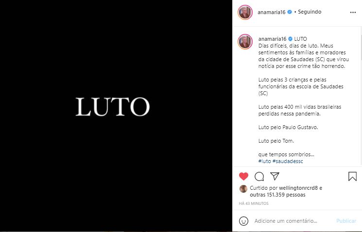 Ana Maria Braga lamentou a morte de Paulo Gustavo nas redes sociais (Foto: Reprodução/Instagram) Ana Maria Braga lamentou a morte de Paulo Gustavo nas redes sociais (Foto: Reprodução/Instagram)