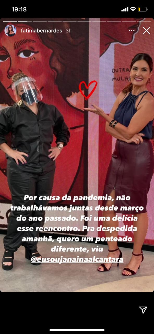 Fátima Bernardes se despediu de sua cabeleireira na Globo (Reprodução: Instagram) Fátima Bernardes se despediu de sua cabeleireira na Globo (Reprodução: Instagram)