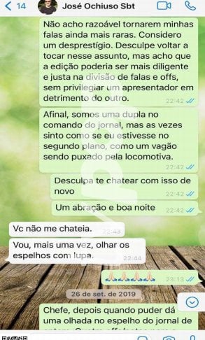 Mensagens da jornalista com José Occhiuso (Foto: Reprodução/TV Pop)