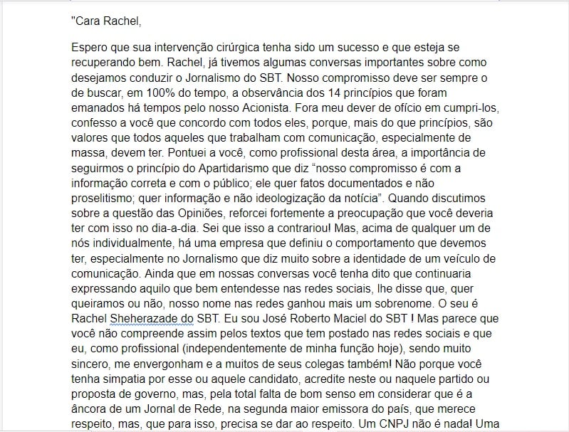 E-mail de José Roberto Maciel para Rachel Sheherazade (Foto: Montagem/TV Foco)