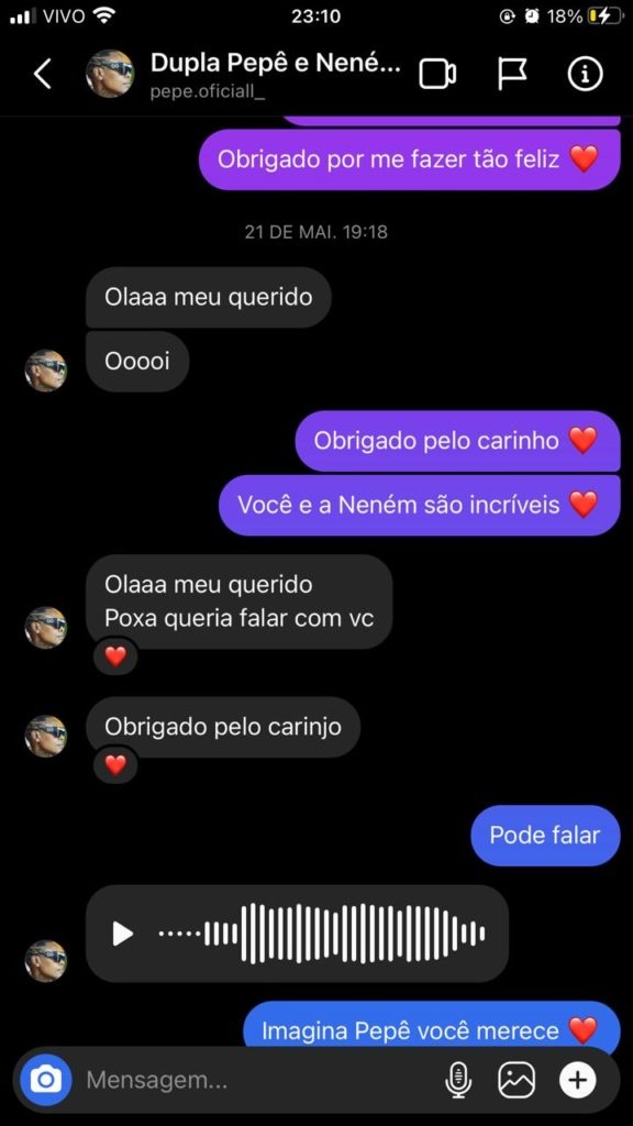 Print da conversa de Pepê e Neném com um fã (Imagem: Reprodução)