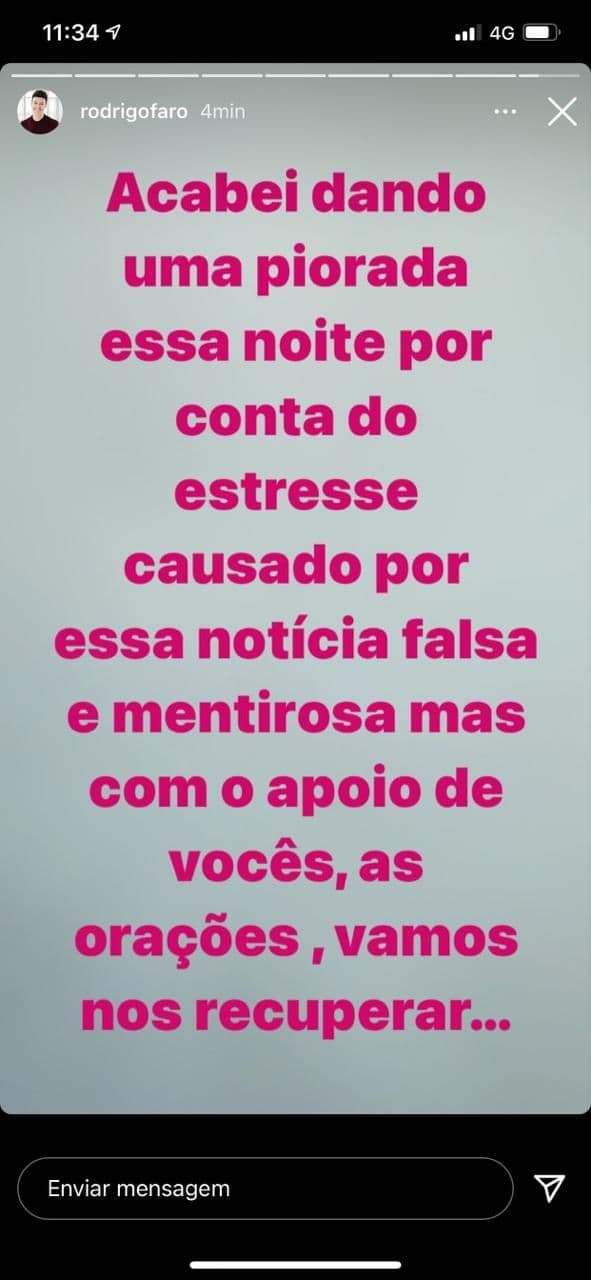 Rodrigo Faro comentou que teve uma piorada após se estressar com falsas notícias envolvendo o seu nome (Foto: Reprodução) Rodrigo Faro comentou que teve uma piorada após se estressar com falsas notícias envolvendo o seu nome (Foto: Reprodução)