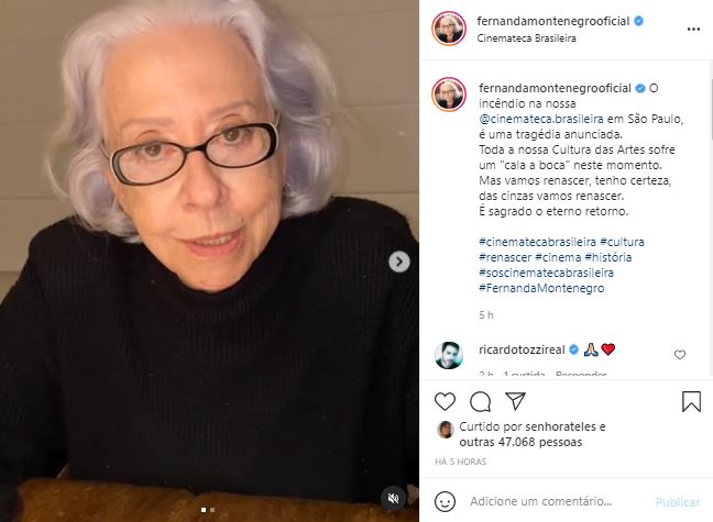 Fernanda Montenegro, da Globo, criticou o governo (Foto: Reprodução/Instagram)