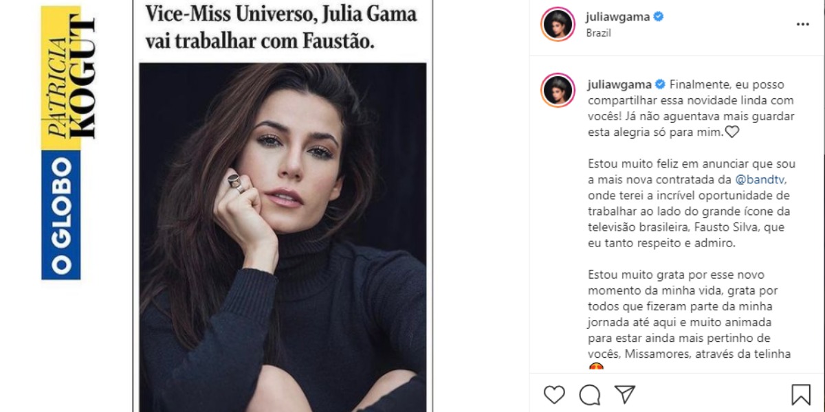 Júlia Gama irá trabalhar com Faustão (Foto: Reprodução) Júlia Gama irá trabalhar com Faustão (Foto: Reprodução)
