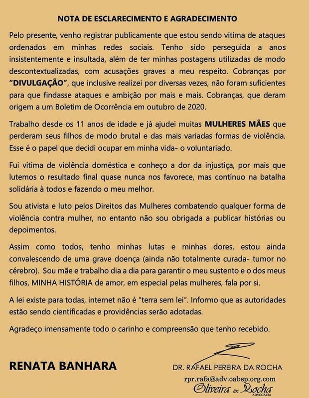 Renata Banhara faz nota de esclarecimento e expõe doença grave (Foto: Reprodução)