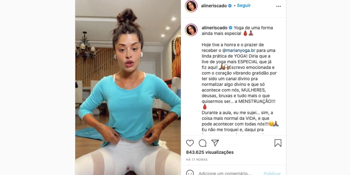 Menstruação de Aline Riscado começa durante live e artista da Globo se suja (Reprodução)