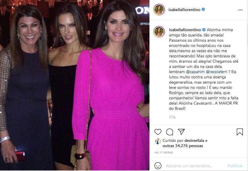 Publicação de Isabella Fiorentino sobre morte da amiga Alicinha Cavalcanti (Imagem: Reprodução)