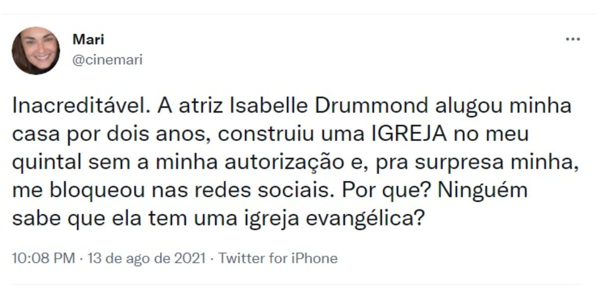 Isabelle Drummond polemizou no Twitter - Foto: Reprodução