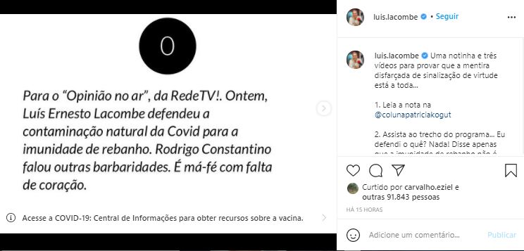 Lacombe se revoltou nas redes sociais contra nota de Patrícia Kogut (Foto: Reprodução/Instagram)