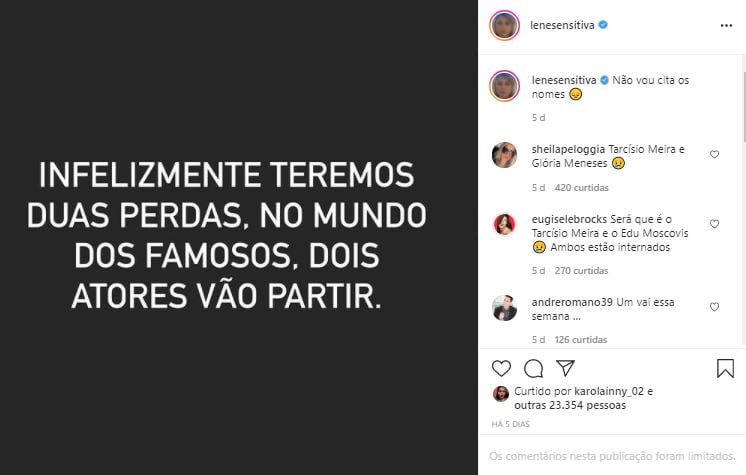 Lene Sensitiva previu morte de Paulo José e Tarcísio Meira (Foto: Reprodução/Instagram)