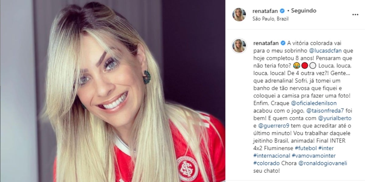 Após vitória do seu time, Renata Fan comemora e alfineta comentarista do Jogo Aberto (Foto: Reprodução)