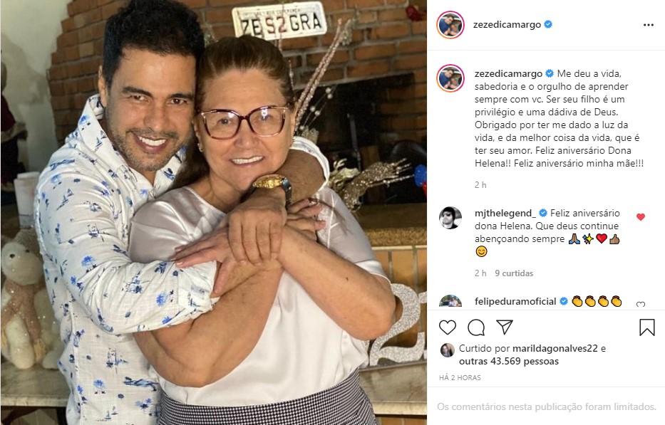 Zezé Di Camargo se declara a mãe, Dona Helena, em textão (Foto: Reprodução) Zezé Di Camargo se declara a mãe, Dona Helena, em textão (Foto: Reprodução)