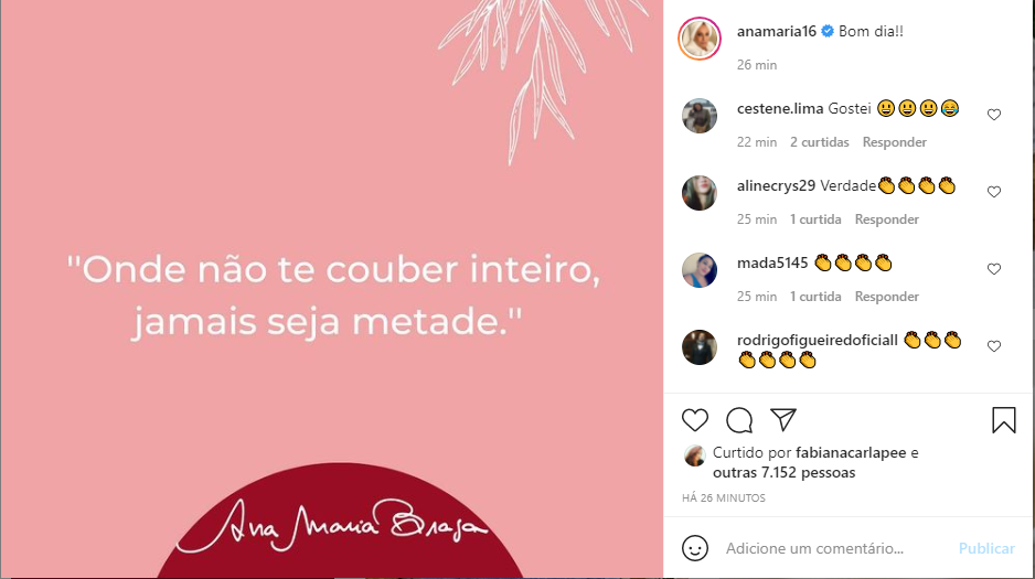 Ana Maria Braga usou as redes sociais para deixar uma reflexão para o público de casa (Foto: Reprodução) Ana Maria Braga usou as redes sociais para deixar uma reflexão para o público de casa (Foto: Reprodução)