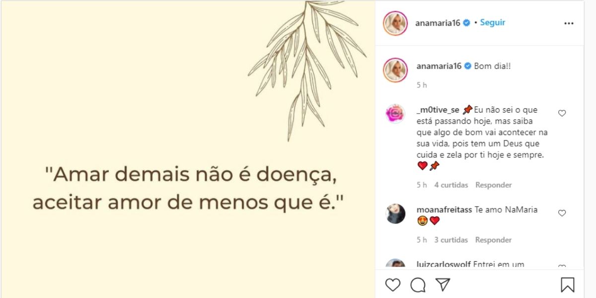 "Amar demais não é doença", detona Ana Maria, após separação, abandono e ver ex a ameaçar com diário "Amar demais não é doença", detona Ana Maria, após separação, abandono e ver ex a ameaçar com diário