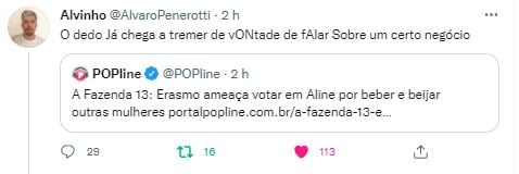 Erasmo Viana revoltou ao fazer insinuações sobre Aline Mineiro em "A Fazenda 13" (Foto: Reprodução/Twitter)