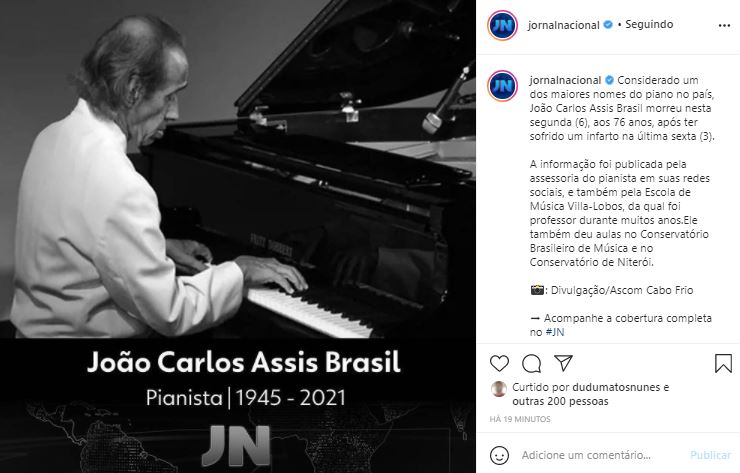 João Carlos Assis Brasil teve morte anunciada no perfil do "Jornal Nacional" (Foto: Reprodução/Instagram)