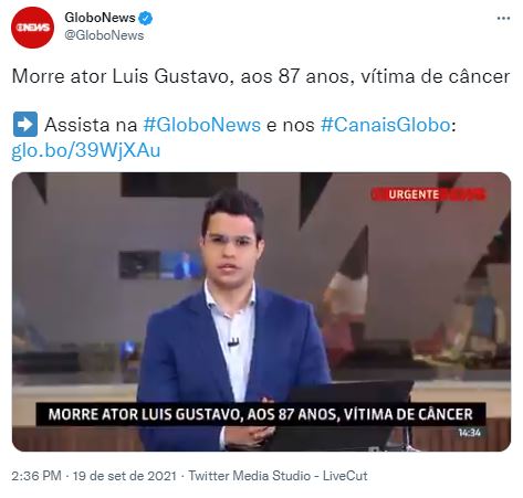 A morte de Luís Gustavo foi anunciada na GloboNews (Foto: Reprodução/Twitter)