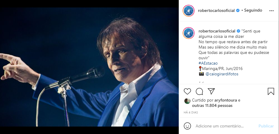 Nas redes sociais, Roberto Carlos expõe música de sucesso (Foto: Reprodução) Nas redes sociais, Roberto Carlos expõe música de sucesso (Foto: Reprodução)