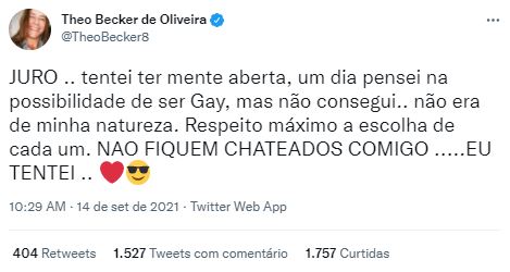 Theo Becker revelou ter tentado ficar com homens (Foto: Reprodução/Twitter)