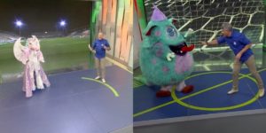 No intervalo do futebol na Globo, Unicórnio e Monstro do The Masked Singer invadiram a atração (Foto: Reprodução)