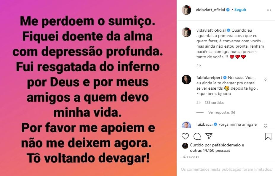 Vida Vlatt fez um desabafo chocante e admitiu está doente (Foto: Reprodução)