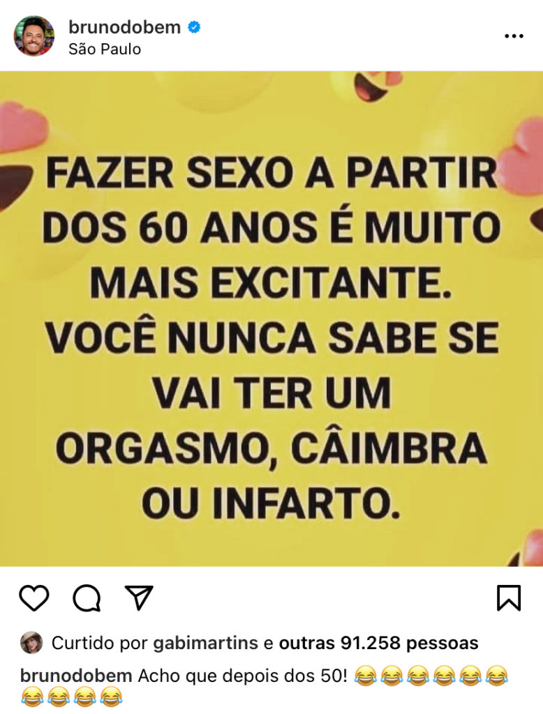 Bruno, da dupla com Marrone, expõe infarto durante sexo e revela fetiche: "A partir dos 60 anos" Bruno, da dupla com Marrone, expõe infarto durante sexo e revela fetiche: "A partir dos 60 anos"