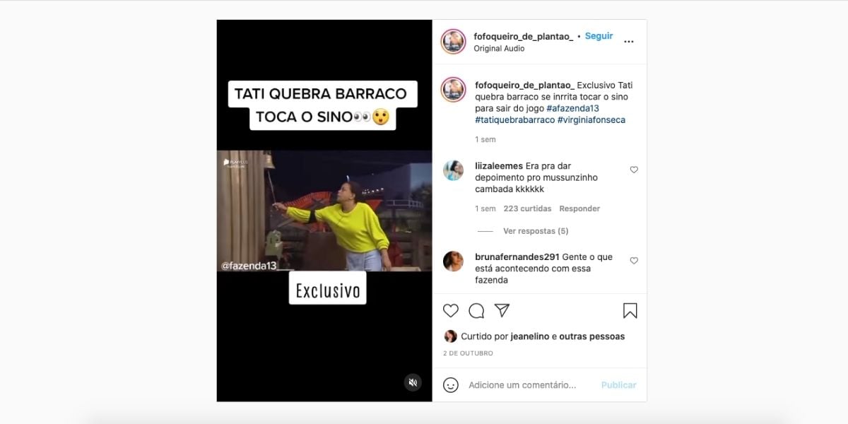 Tati Quebra Barraco toca o sino da "Fazenda 13" (Reprodução)