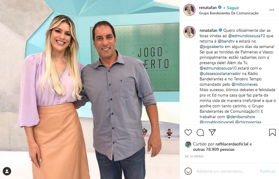 Renata Fan ao lado de Edmundo, seu novo parceiro de programa (Imagem: Reprodução)