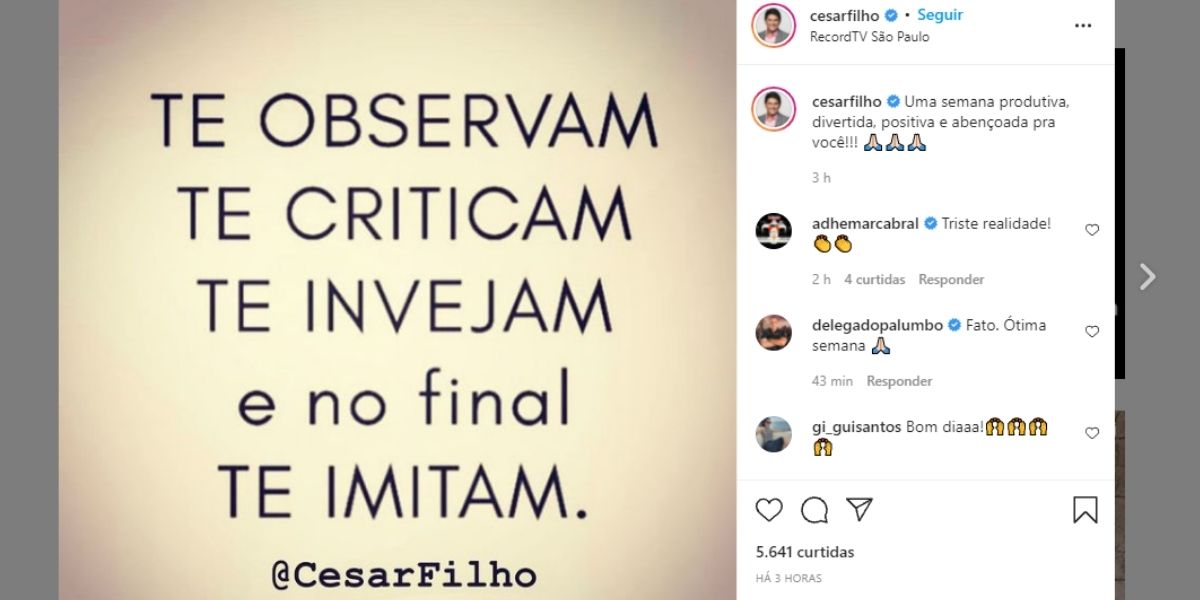 César Filho, após Zucatelli tomar seu lugar, volta ao Hoje em Dia e detona indireta em anúncio: "Te criticam"
