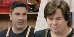 Lucas Salles após experimentar a pimenta de Edu Guedes (Montagem: TV Foco)