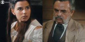 Pilar e Eudoro ficam cara a cara em Nos Tempos do Imperador (Foto: Reprodução/Globo/Montagem/TV Foco)