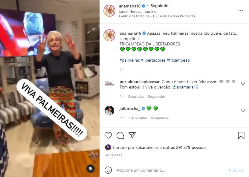 Ana Maria Braga surgiu celebrando a vitória do Palmeiras (Foto: Reprodução/ Instagram)