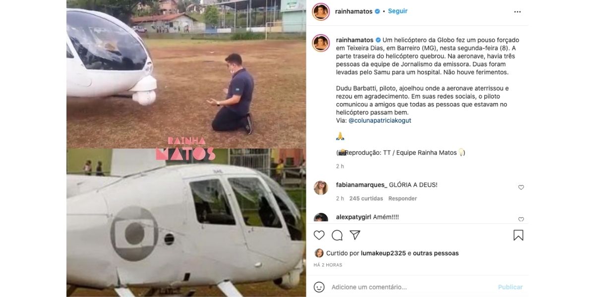 Piloto da Globo reza, após fazer pouso forçado (Reprodução)