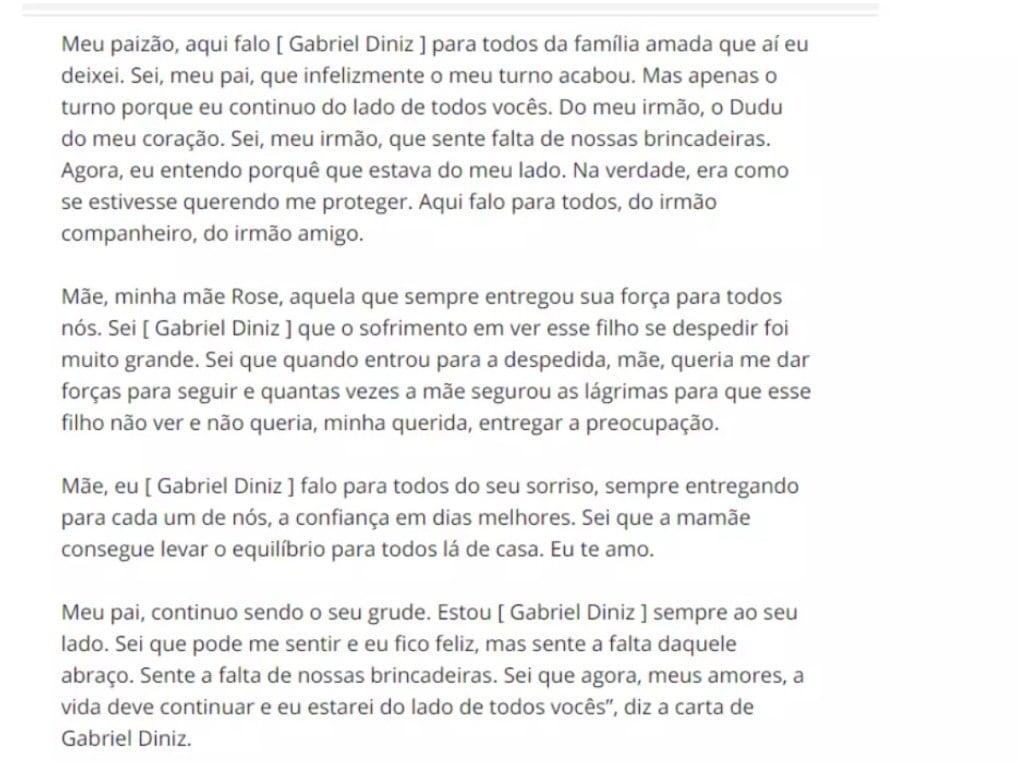 Gabriel Diniz deixa suposta carta psicografada aos familiares - reprodução